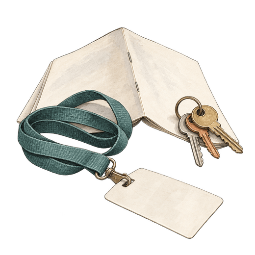 A drawing shows an open stapled booklet with blank pages, a teal lanyard with a blank badge and three keys on a ring.