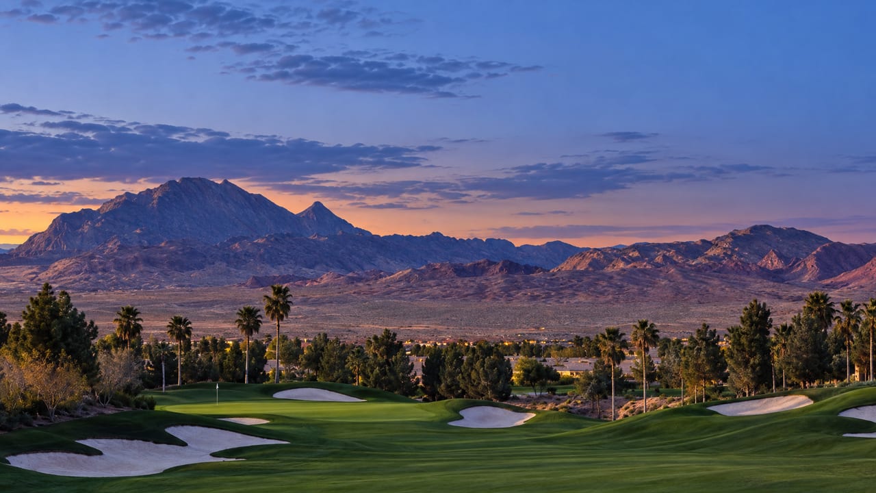 Desert mountains at sunset above palms and a golf green with white sand bunkers