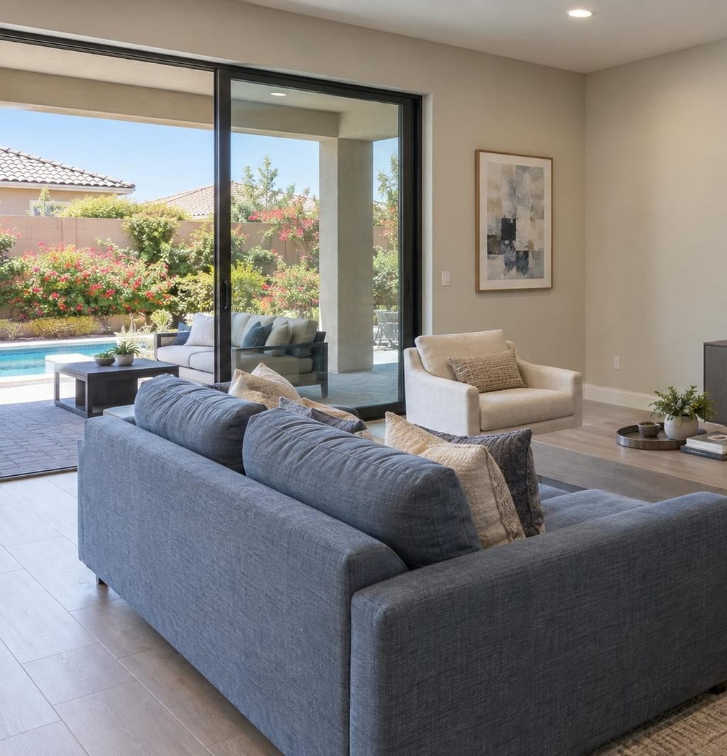 A family room with a grey sofa and tall glass doors open to a covered patio and a pool