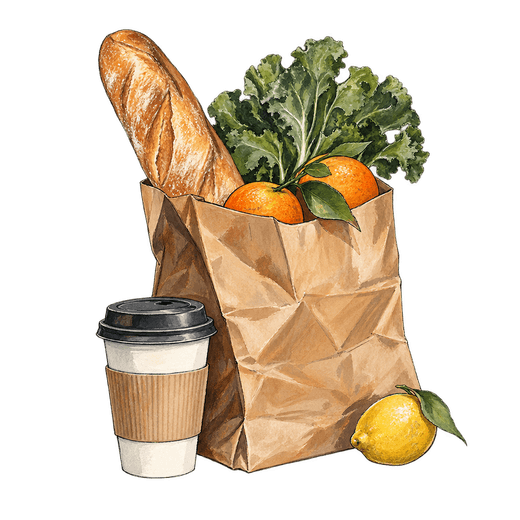 Illustration of a paper bag filled with a baguette, leafy greens and oranges, beside a takeaway coffee cup and a lemon.