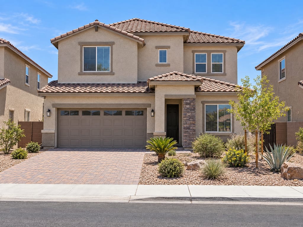 A two-story tan stucco house with a tile roof, a two-car garage and a paver driveway, with neighboring houses close on both sides.