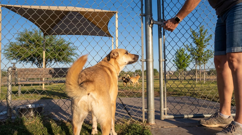 A tan dog waits beside a person holding a chain-link gate latch, with dogs, a bench and a shade canopy inside the fence.