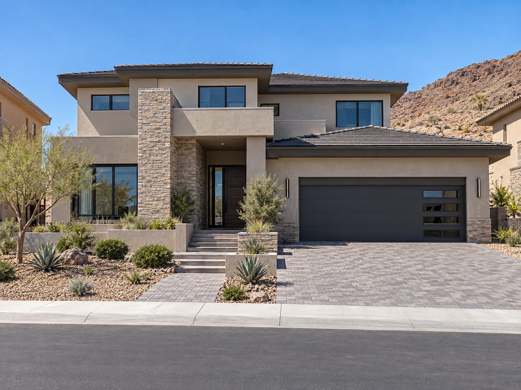A two-story contemporary stucco house with a stone-clad entry, a charcoal garage door and a desert-landscaped front yard, with a rocky hillside behind.
