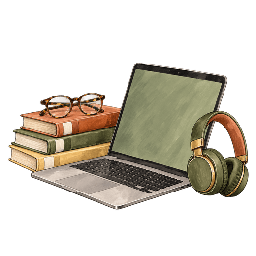 Illustration of an open laptop, green headphones and a stack of three books topped with glasses.