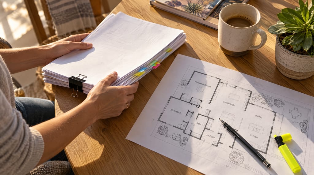 Hands hold a thick stack of papers with colored tabs beside a floor plan, pen, highlighter, coffee mug and potted plant.