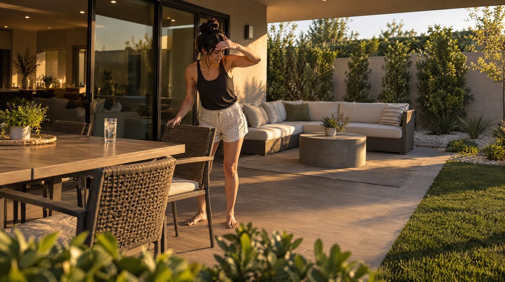 A barefoot woman shields her eyes beside a patio dining chair, with a glass of water on the table and an outdoor sofa behind her.