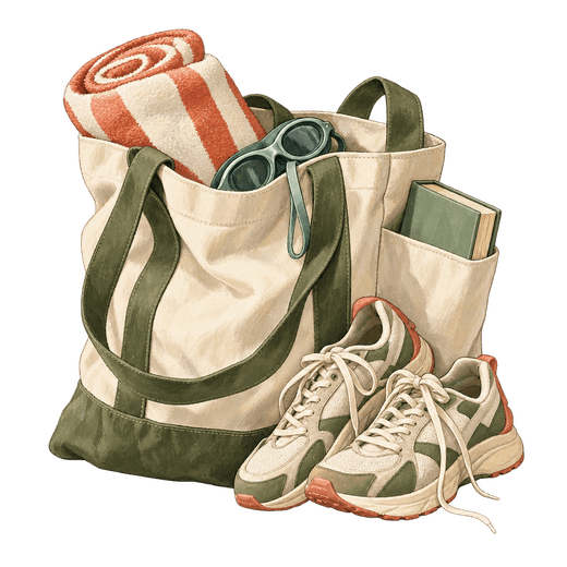 Illustration of a canvas tote holding a striped towel, swimming goggles and a book, with a pair of sneakers beside it.