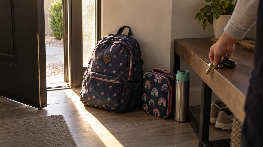 A patterned backpack, lunch bag and water bottle stand by an open front door as a hand picks up keys from a wooden bench.