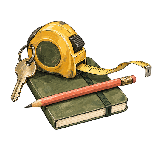 Illustration of a yellow tape measure, a key and a red pencil resting on a green notebook.