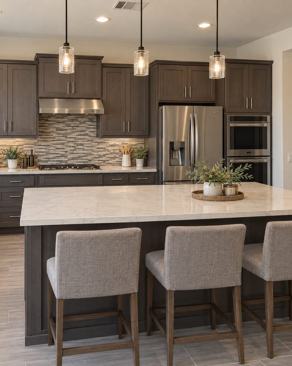 A bright kitchen with dark wood cabinets, three glass pendant lights over a white stone island, and upholstered stools