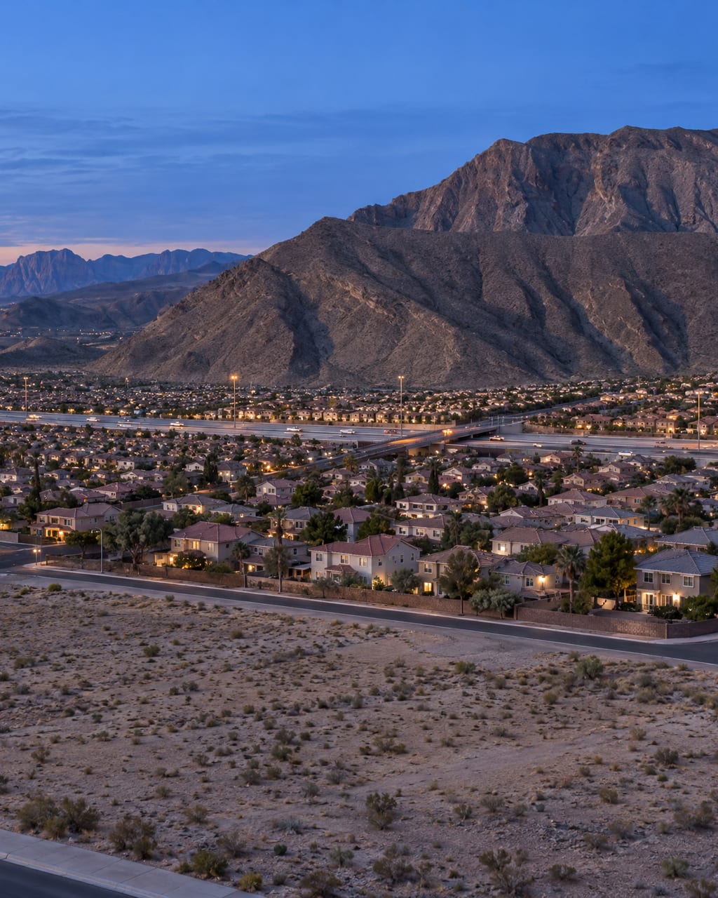 Rows of valley homes and a freeway below a bare desert mountain at dusk
