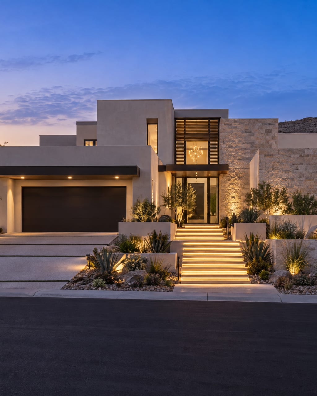 A modern stucco and stone home at dusk with a two-car garage, a lit glass entry and lighted steps rising through desert plants