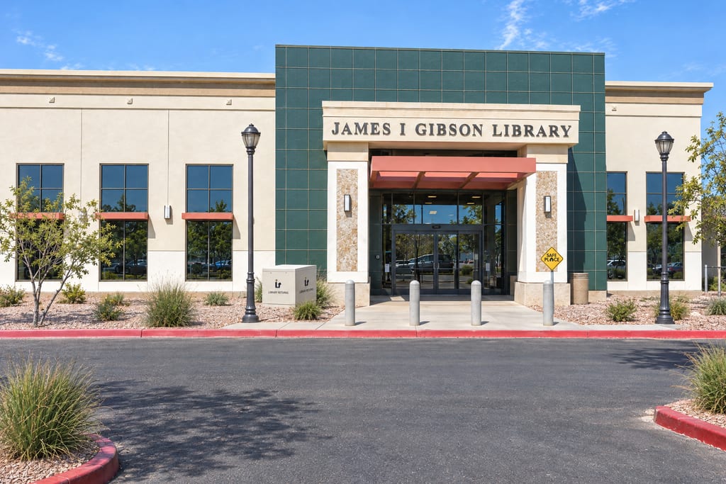 The James I Gibson Library sign over a glass entrance set in a dark green tiled bay between cream wings, with a coral canopy, a row of bollards and a library returns box out front.