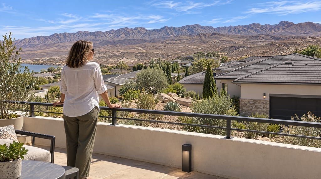 A woman rests her hands on a terrace railing above tiled rooftops and desert landscaping, with a small stretch of lake to the left and rocky mountains beyond.