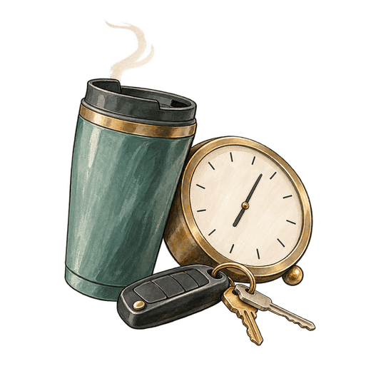 An illustration of a steaming green travel mug beside a round gold clock, with a black car key fob and two keys in front.