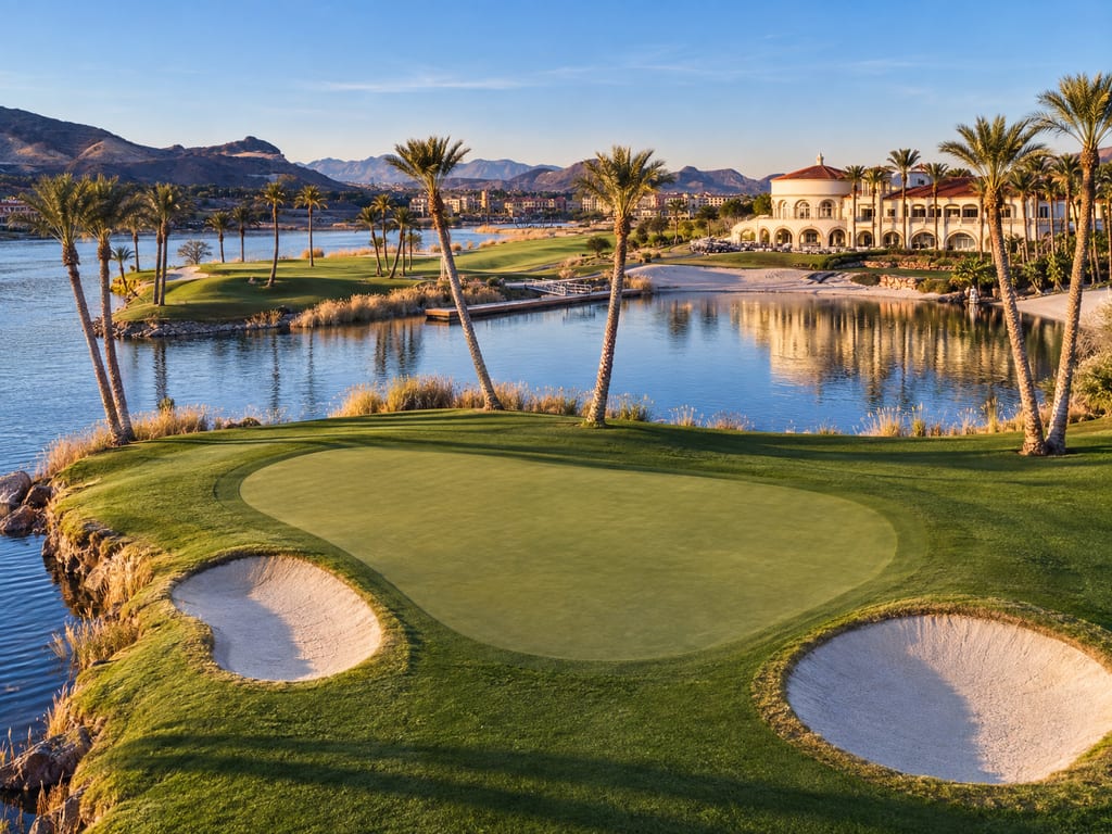 A putting green with two sand bunkers beside a lake, with palm trees, a large clubhouse on the far shore and mountains beyond.