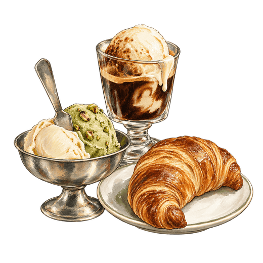 An illustration of ice cream melting into coffee in a glass, two scoops of gelato with a spoon in a metal dish, and a crescent pastry on a plate.