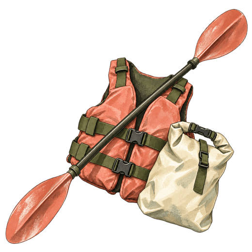 An illustration of an orange kayak paddle laid diagonally across an orange life vest beside a cream dry bag with green straps.