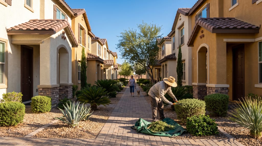 A person in a straw hat trims a shrub beside a paved walkway between stucco homes as a woman walks a small dog behind them.
