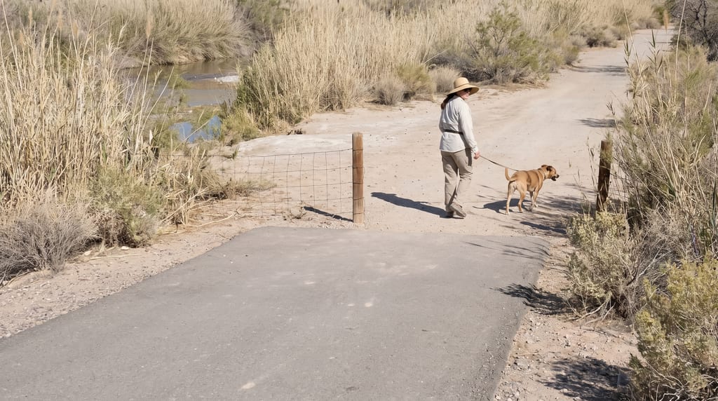 A woman looks back while holding a dog on a leash where a paved path meets a dirt trail between fence posts beside reeds and water.