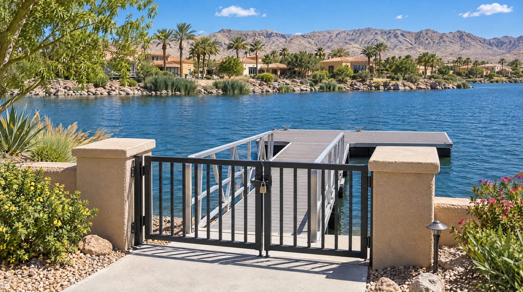A padlocked metal gate blocks a ramp to an empty floating dock, with homes, palms and rocky mountains across the lake.