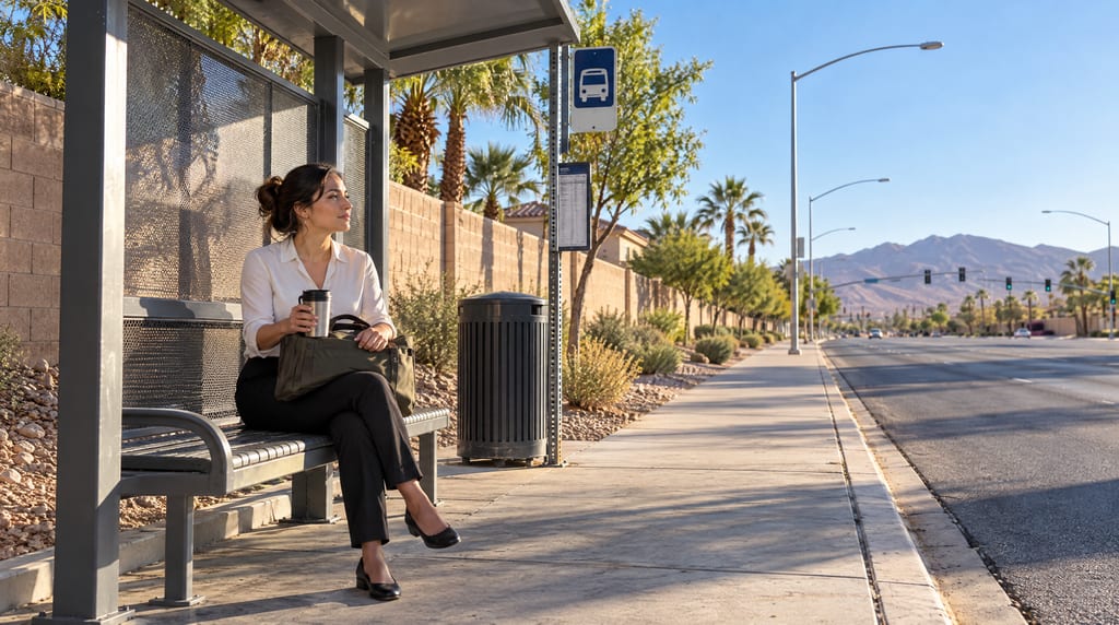 A woman sits on a bus shelter bench holding a travel mug with a bag on her lap, beside a wide road lined with palms and a tan wall, with mountains in the distance.