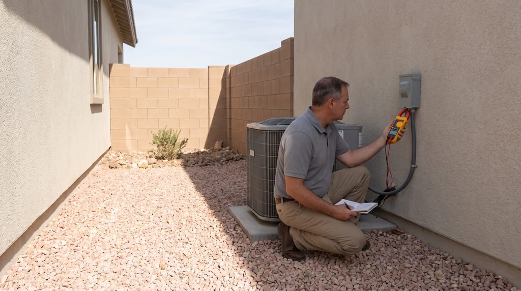 A man kneels beside an outdoor air-conditioning unit in a gravel yard, holding a clamp meter beside a wall-mounted electrical box and an open notebook on his knee.