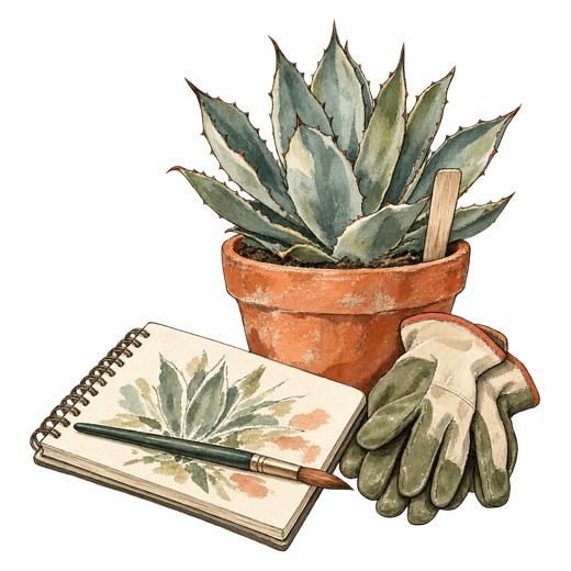 An illustration of a potted agave beside gardening gloves and a spiral sketchbook displaying a painted agave, with a paintbrush across the page.