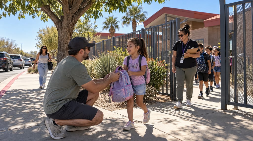 A man crouches to take a purple backpack from a girl beside an open school gate, with a woman holding a clipboard and children walking behind her.