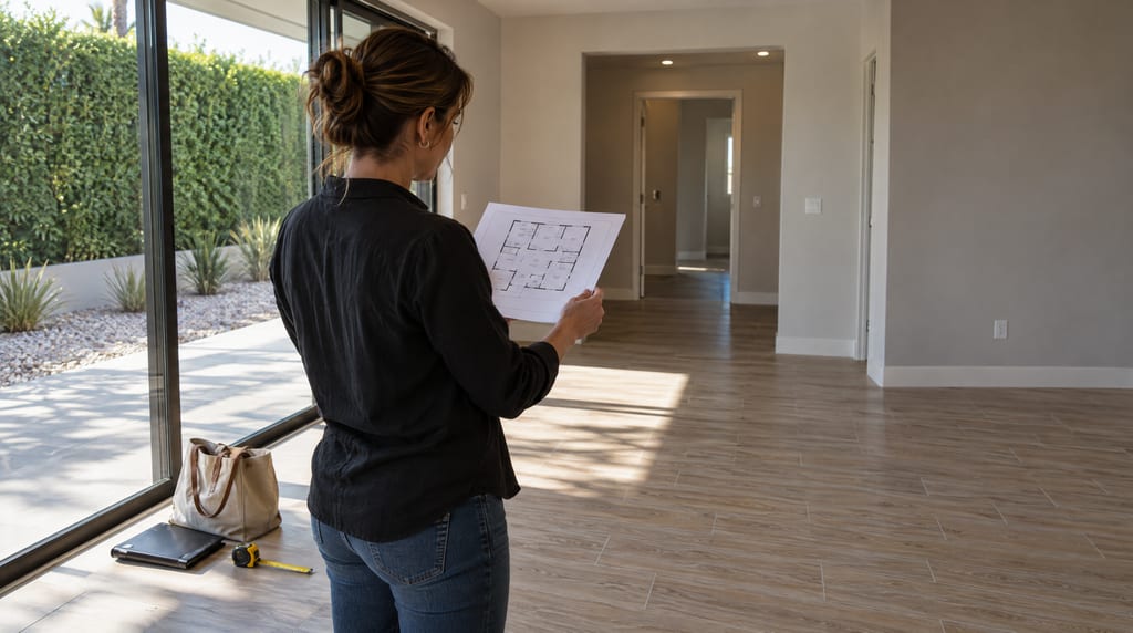A woman holds a printed floor plan in an empty room beside sliding glass doors, with a tote bag, folder and tape measure on the floor.