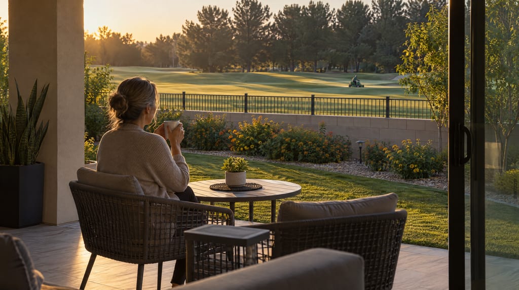 A woman holds a mug at a round patio table overlooking a flower bed, a low wall with a metal fence and a golf course where a person rides a mower.