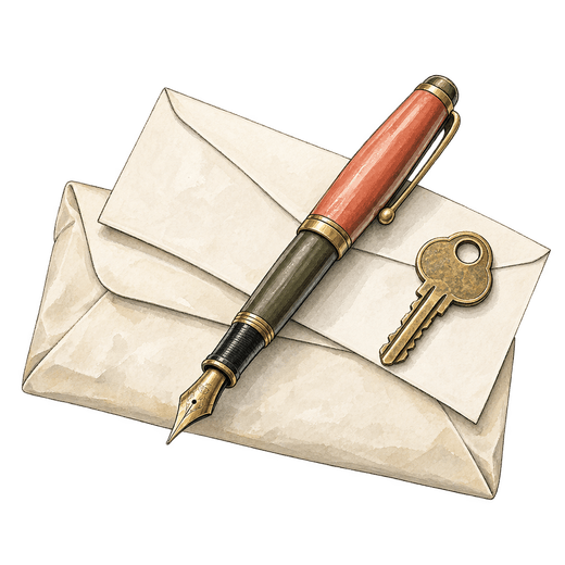 An illustration of two overlapping cream envelopes with an uncapped fountain pen laid diagonally across them and a brass key on the top envelope.