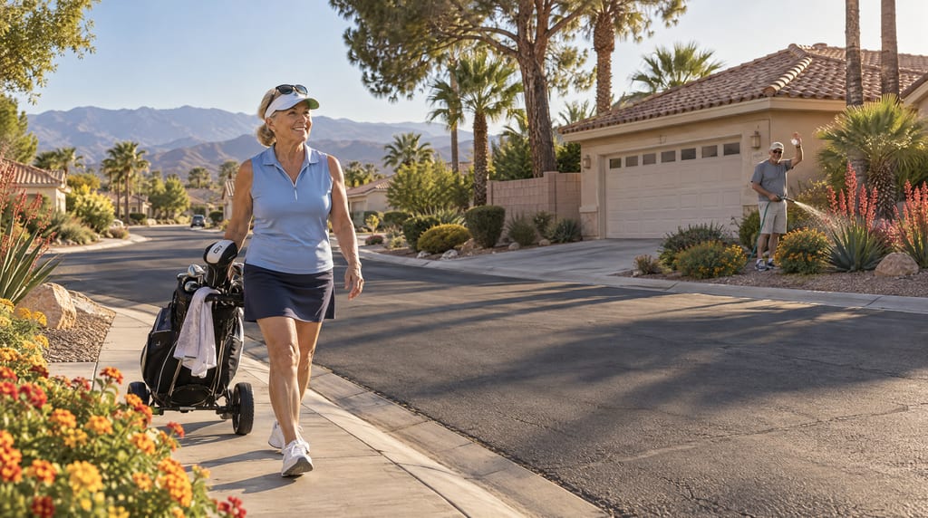 A woman in a visor pulls a cart of golf clubs along a sidewalk while a man watering flowers waves from a driveway, with stucco homes, palms and mountains behind them.