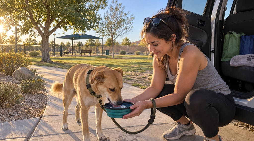 A woman crouches beside an open car door and holds a water bowl for a tan dog, with shopping bags on the seat and a fenced dog park behind them.
