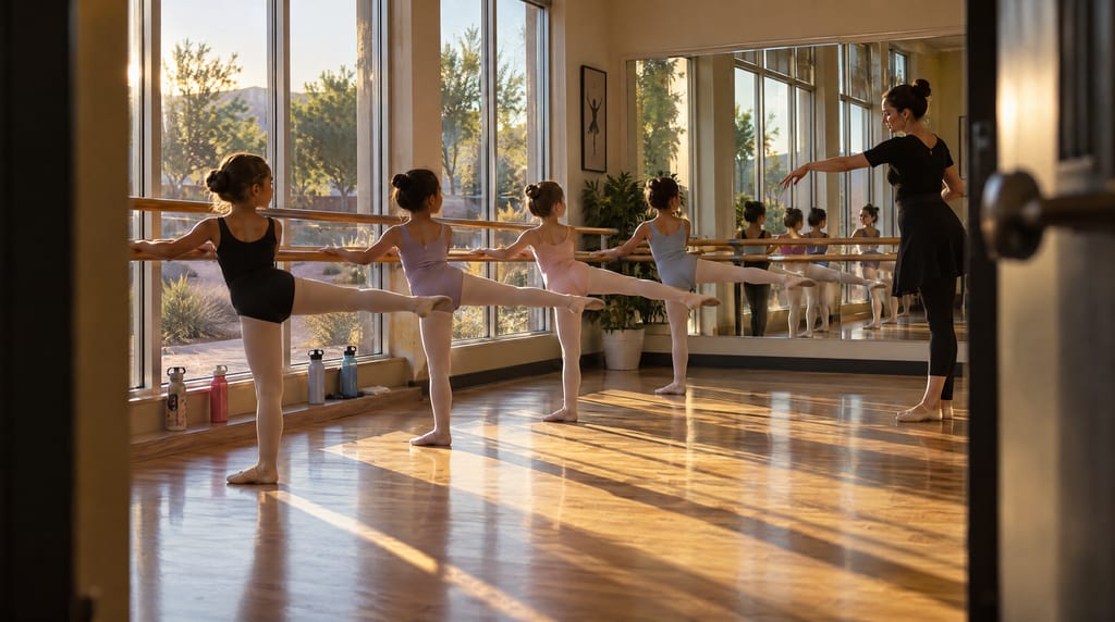 Four children practice ballet at a barre beside tall windows as an instructor demonstrates in a mirrored studio.