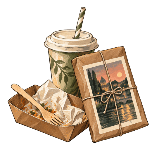 Illustration of a riverfront art print tied with string against brown paper, beside a lidded drink and a used paper food tray with a wooden fork.