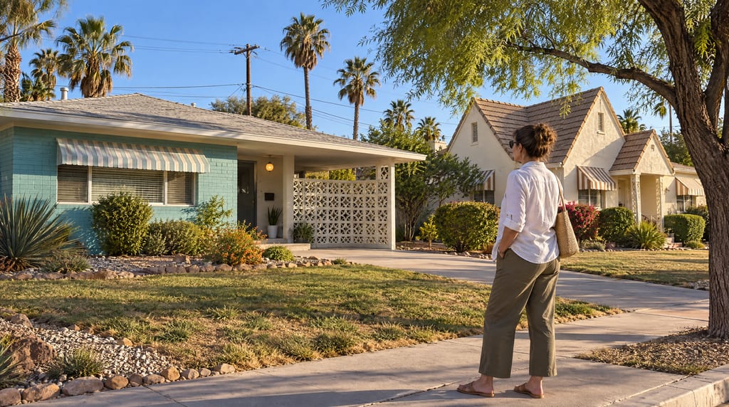 A woman stands on a sidewalk beside a turquoise brick house with a low roof and a cream house with steep gables, striped awnings and palm trees behind them.