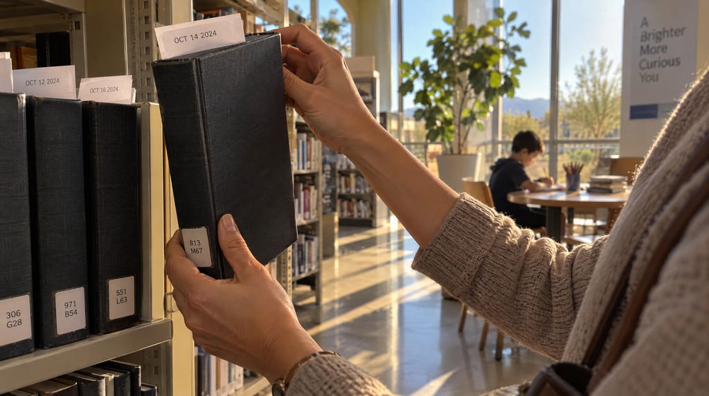 Hands lift a dark clothbound book with a dated paper slip from a library shelf while a child draws at a table by tall windows.