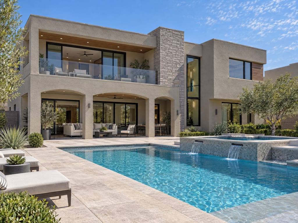 A two-story stucco house with a stone column, a glass-railed balcony and an arched covered patio, with lounge chairs beside a rectangular pool and spa.
