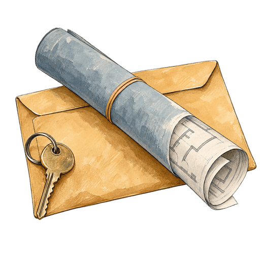 Illustration of a rolled blue floor plan secured with a rubber band across a yellow envelope, with a brass key on a ring at one corner.
