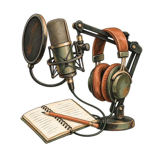Illustration of a microphone with a round pop filter, headphones hanging from its support arm, and a pencil across an open spiral notebook.