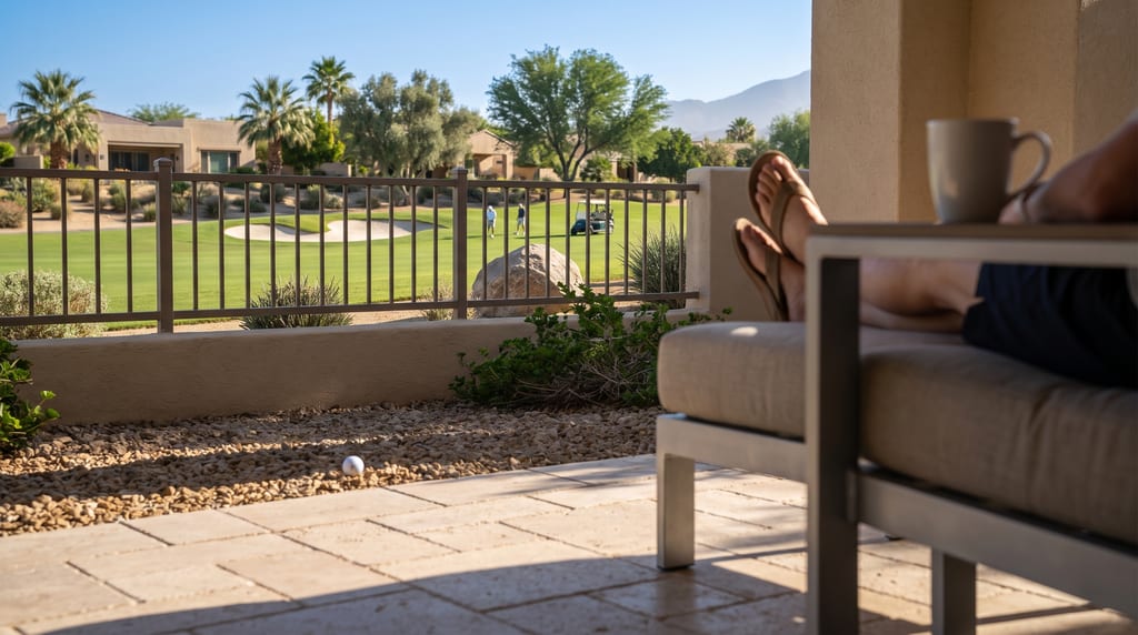 A golf ball rests in gravel beside a patio chair where a person reclines with a mug on the armrest, with a metal fence separating the patio from a golf course.