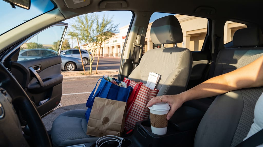 A hand places a takeaway coffee in a car cup holder beside a paper bag and reusable shopping bags on the passenger seat.