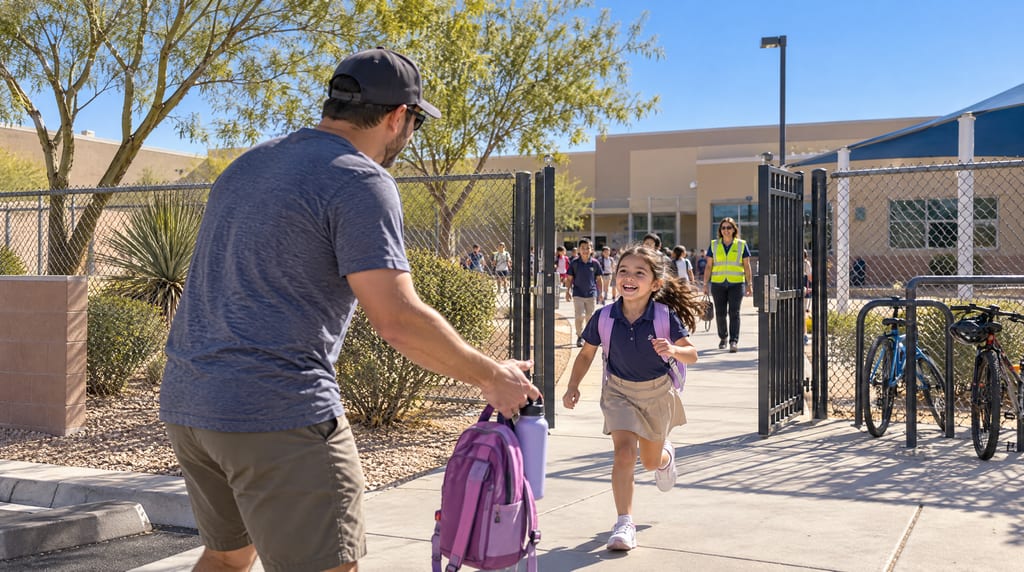A girl with a purple backpack runs through an open school gate toward a man holding another purple backpack and a water bottle, with children and an adult in a reflective vest behind her.