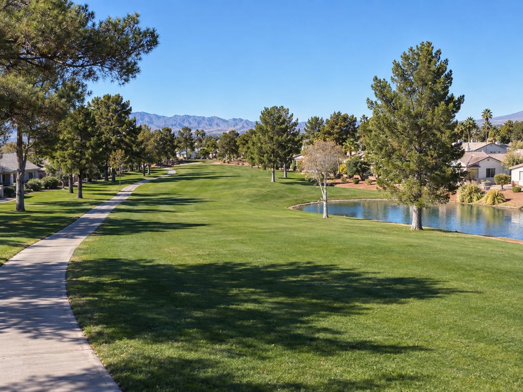 A tree-lined fairway runs toward distant mountains, with a paved cart path on the left and a pond and tile-roofed homes on the right.