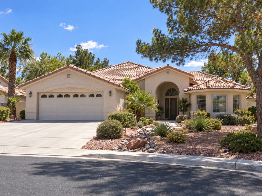 A single-story stucco home with a tile roof, a two-car garage, an arched entry with double front doors and desert plants in the front yard.