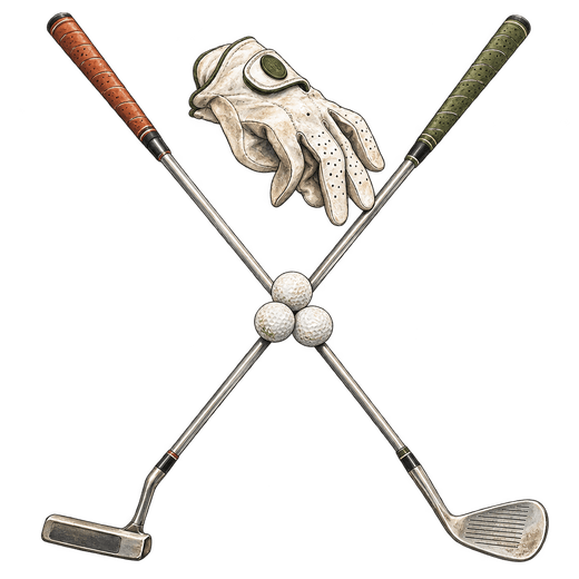 An illustration of a crossed putter and wedge with three golf balls at their intersection and a glove above them.