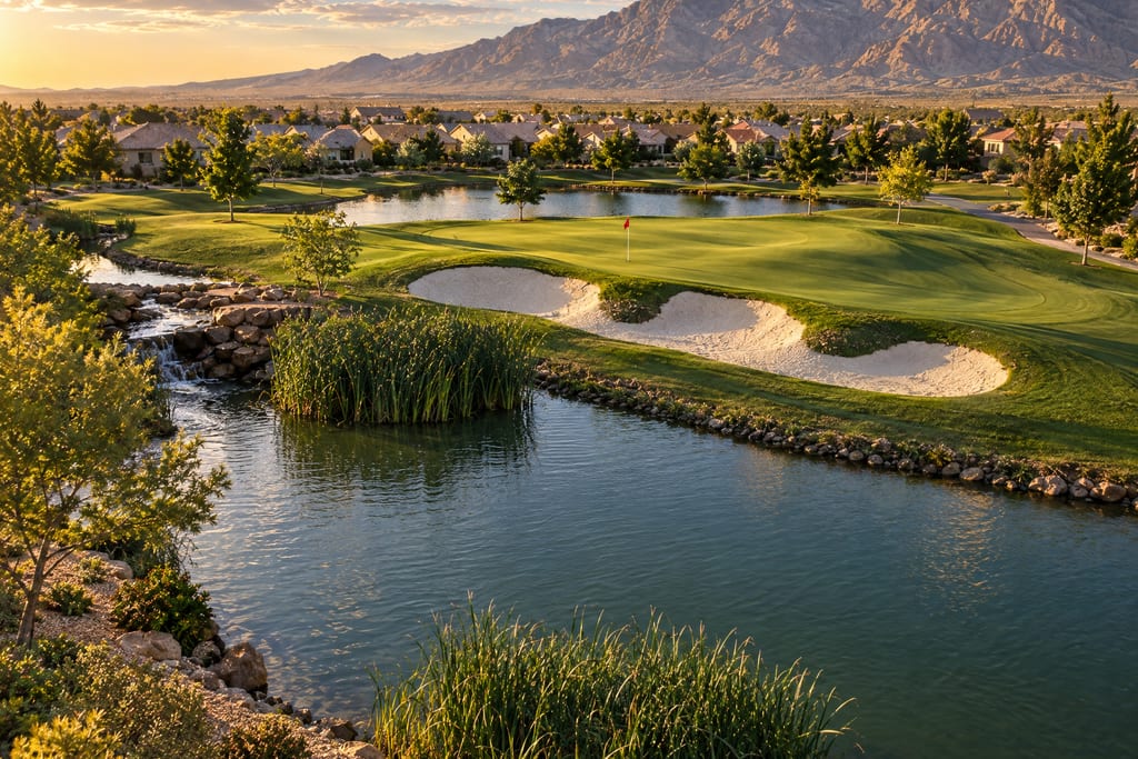A golf green with white bunkers beside a pond and a small rocky cascade, rows of homes and mountains behind