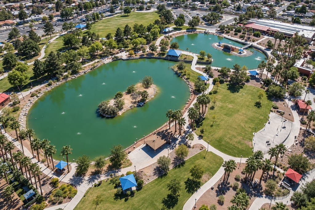 Aerial view of a city park with two green lakes, fountains and a small island, surrounded by lawns, paths and houses