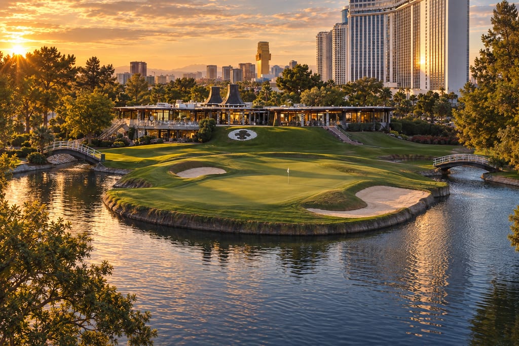 An island golf green ringed by a pond and two footbridges, with a low clubhouse and high-rise towers behind at sunset